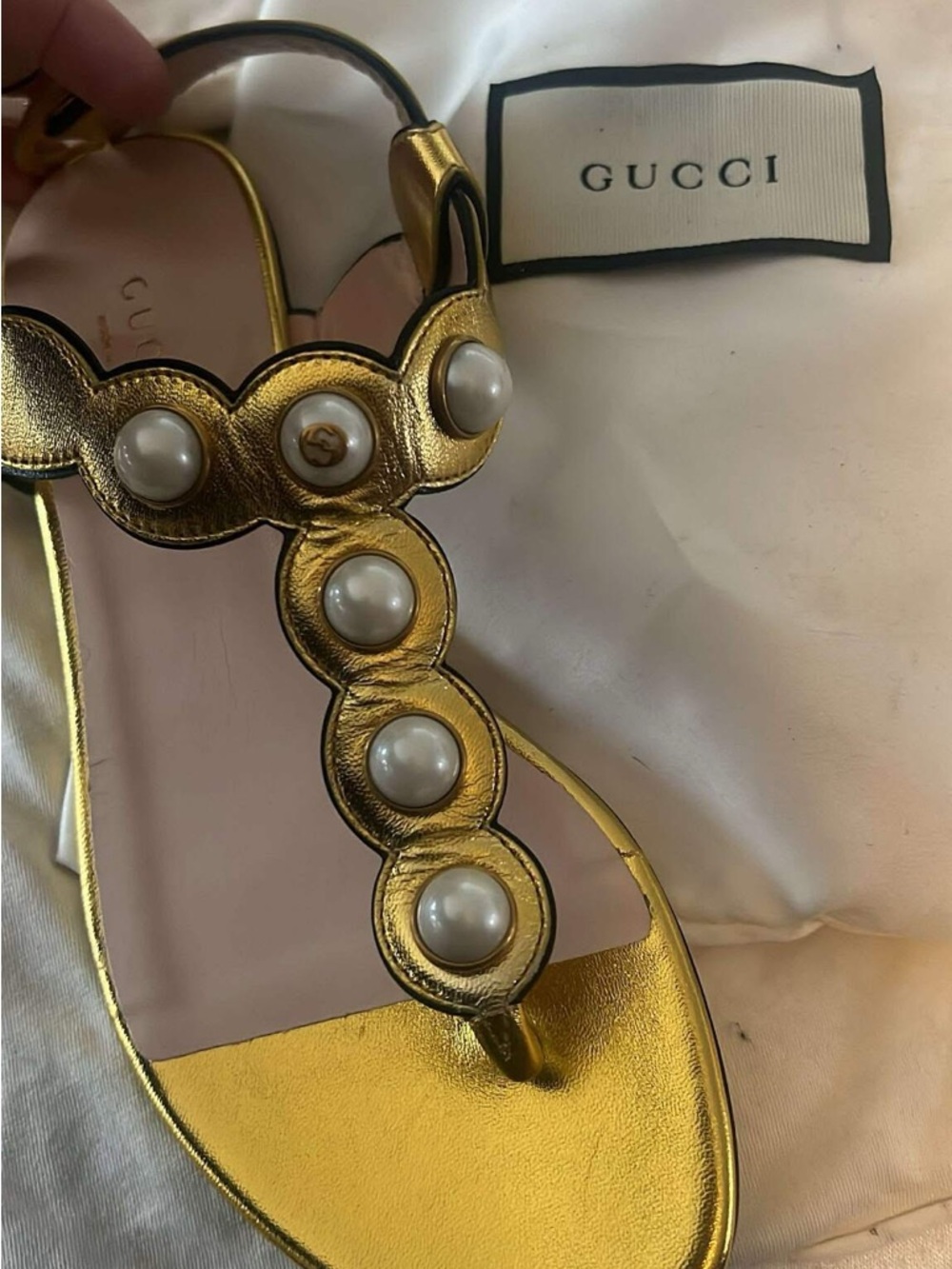 Gucci Metallic Gold Pearl-Accent Women’s Sandals